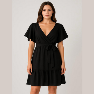 Bebe Dress Black batwing flutter sleeves ruffle silk belted V-Neck